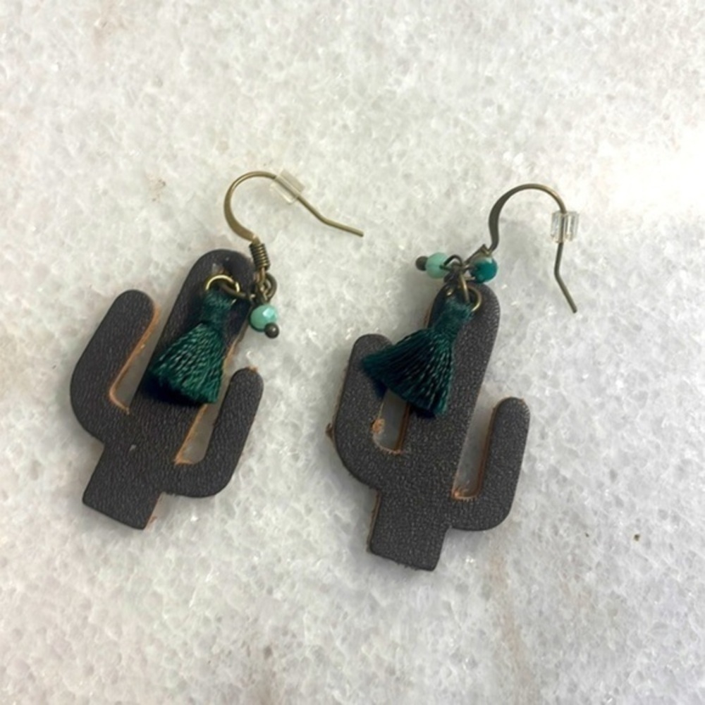 Cactus earrings woman’s brown cactus green tassels accessories Hand crafted New